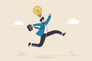 Get new business idea, think or brainstorming for solution, creativity or invention, brilliant idea discovery, intelligence or wisdom to drive success concept, businessman jump lightbulb idea head.