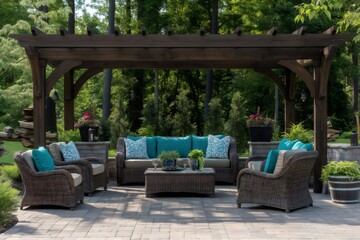 Comfortable outdoor furniture set under a wooden pergola in a backyard patio, creating an inviting and stylish space for relaxation