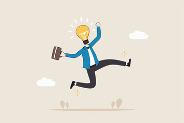 Get new business idea, think or brainstorming for solution, creativity or invention, brilliant idea discovery, intelligence or wisdom to drive success concept, businessman jump lightbulb idea head.