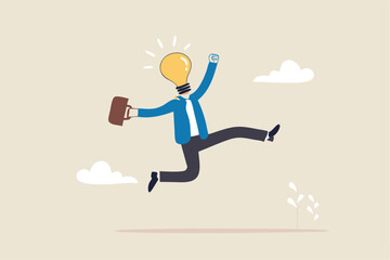 Get new business idea, think or brainstorming for solution, creativity or invention, brilliant idea discovery, intelligence or wisdom to drive success concept, businessman jump lightbulb idea head.