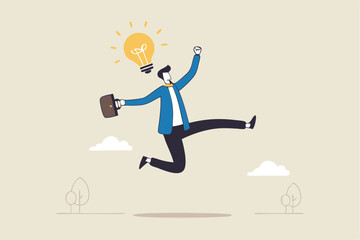Get new business idea, think or brainstorming for solution, creativity or invention, brilliant idea discovery, intelligence or wisdom to drive success concept, businessman jump lightbulb idea head.