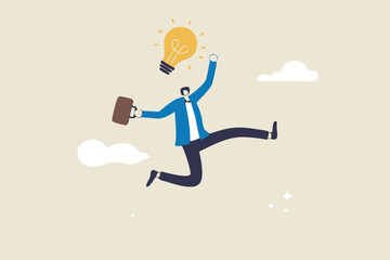 Get new business idea, think or brainstorming for solution, creativity or invention, brilliant idea discovery, intelligence or wisdom to drive success concept, businessman jump lightbulb idea head.