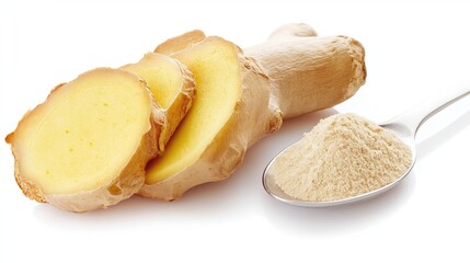 Sliced fresh ginger root with powder on a spoon and soft diffused light.