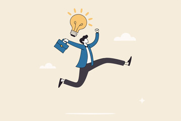 Get new business idea, think or brainstorming for solution, creativity or invention, brilliant idea discovery, intelligence or wisdom to drive success concept, businessman jump lightbulb idea head.
