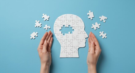 Hands holding brain with puzzle paper cutout, autism, memory loss, dementia, epilepsy and alzheimer awareness, world mental health day, world Parkinson day concept