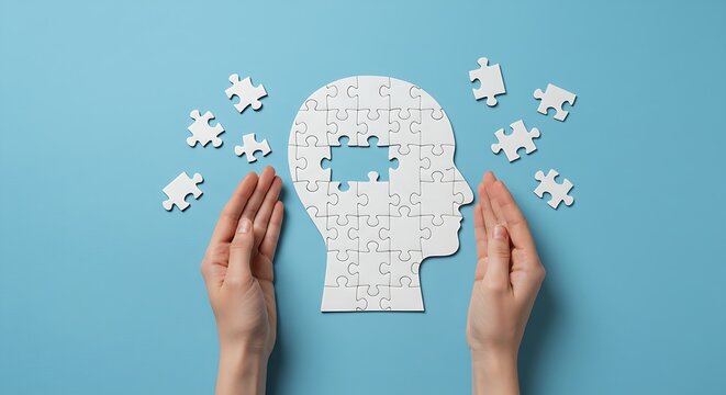 Hands holding brain with puzzle paper cutout, autism, memory loss, dementia, epilepsy and alzheimer awareness, world mental health day, world Parkinson day concept - Powered by Adobe
