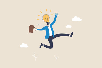 Get new business idea, think or brainstorming for solution, creativity or invention, brilliant idea discovery, intelligence or wisdom to drive success concept, businessman jump lightbulb idea head.