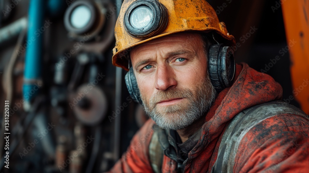 Poster Miner dressed in protective gear prepares for work at a quarry, focused on the task of mineral extraction. The environment is characterized by drilling equipment and machinery.