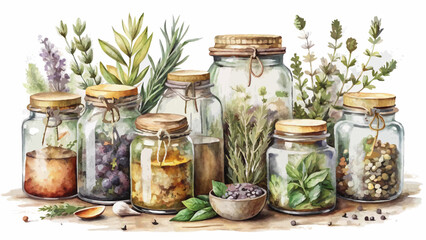 *Vintage Herb Jar Watercolor Background &ndash; Muted Earthy Tones with Whimsical Dried Botanicals & Copy Space*  