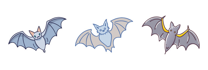 Three Adorable Cartoon Bats Flying in the Night Sky Halloween Illustration
