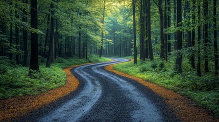 Fototapeta premium Winding road through vibrant green forest with sunlight filtering through trees