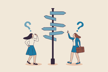 Decision choice, confusion, doubt for opportunity, challenge to choose career path, way to success or tough decision, way to solve problem concept, confused businesswoman make decision choosing path.