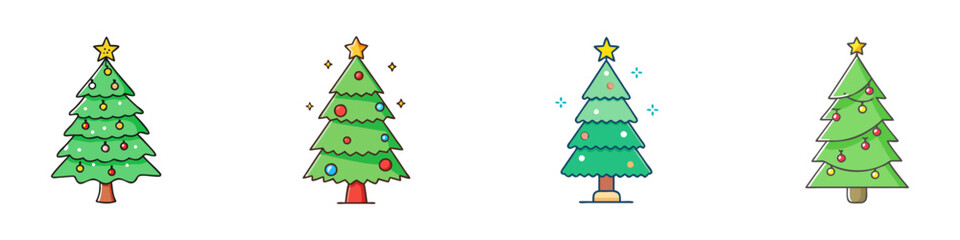 Four Different Colorful Christmas Trees with Ornaments and Stars