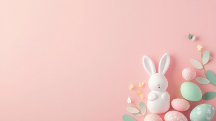Obraz premium Pastel Easter Background, Happy Easter! Bunny, eggs, flowers on pink