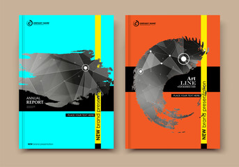 Abstract composition. Text frame surface. Yellow, blue, orange a4 brochure cover design. Title sheet model set. Polygonal space icon. Vector front page font. Ad banner form texture. Flier fiber