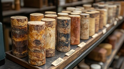 Various rock core samples arranged on shelves in a geology lab, showcasing different mineral compositions important for mining and excavation activities.