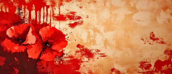 red, vibrant abstract painting with poppies & blood design; modern, contemporary beige grunge background for anzac, veteran, memorial day; copy space
