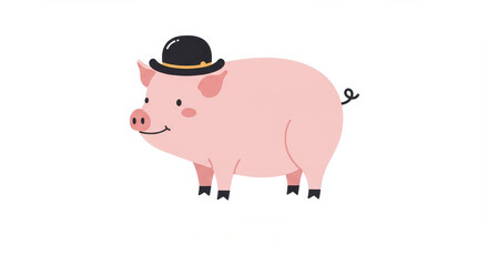 Cartoon pig in bowler hat on white background  