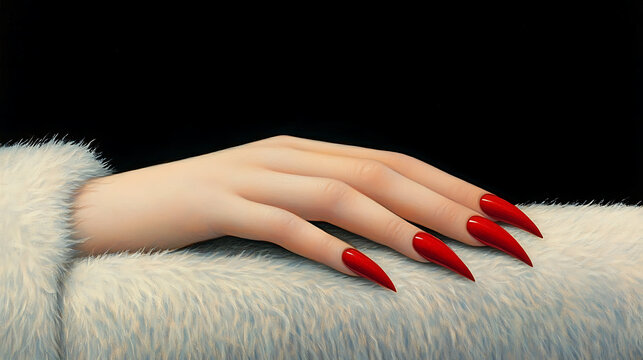 Sharp red nails extend alluringly over a soft white fur against a striking black background