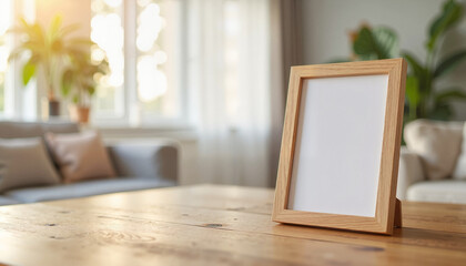 Empty wooden picture frame on table in bright living room, family memories