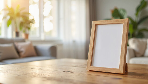 Empty wooden picture frame on table in bright living room, family memories