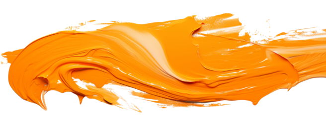 A close up of a vibrant orange paint stroke with visible texture and brushwork on a  on transparent background png