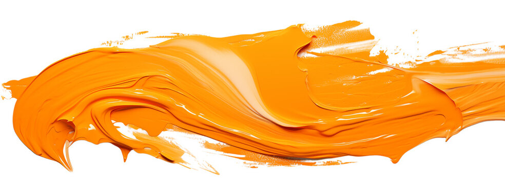 A close up of a vibrant orange paint stroke with visible texture and brushwork on a  on transparent background png