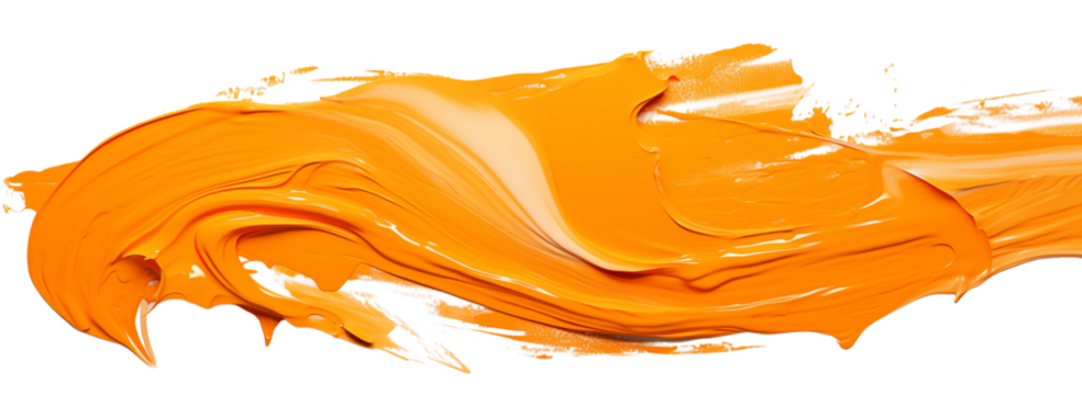 A close up of a vibrant orange paint stroke with visible texture and brushwork on a  on transparent background png