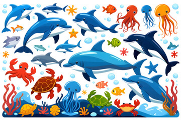 Obraz premium Colorful sea creatures including dolphins, turtles, and octopuses swimming in a vibrant underwater habitat