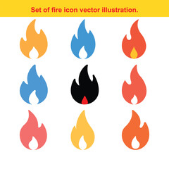 Collection of stylized fire flame icons in various colors on a white background.