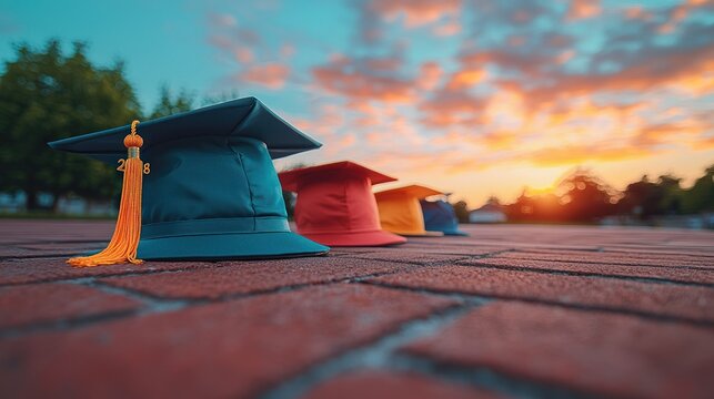 Graduation Sunset: Celebrating academic achievements with colorful graduation caps at sunset