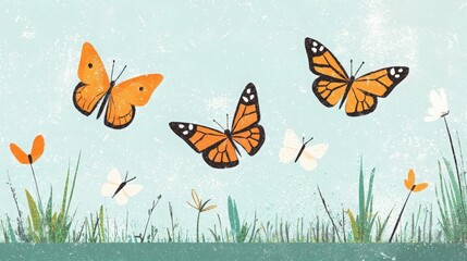 Butterflies in Meadow, Three Monarch butterflies flying over wildflowers.