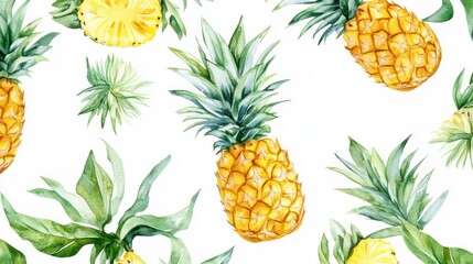 Watercolor Pineapple and Tropical Leaves Seamless Pattern for Summer Designs