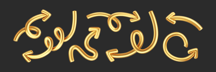 3D gold doodle arrow set in Y2K style, isolated on a dark background. Render of 3D golden liquid curve and swirl arrows, rotating up, down, and right with metal shine effect. 3D vector Y2K figure