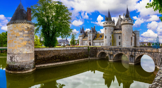 Sully-sur-Loire - magnificent castle of Loire valley, France travel and historic heritage sites. Medieval fortress Sully Sur Loire, Loiret, France