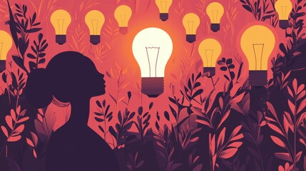 Naklejka premium Illuminating ideas woman contemplating light bulbs in creative forest environment digital art inspirational concept