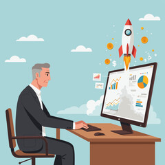 Teamwork pushing performance meter concept vector illustration. Man and woman collaborate moving indicator from red risk zone towards green success area measuring business evaluation progress and cust