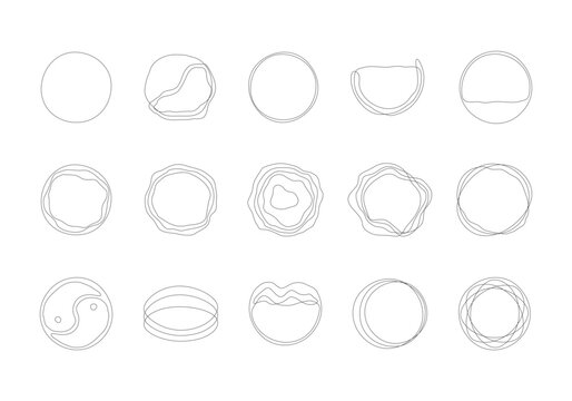 Vector set of thin elegant wavy uneven lines on white background. Natural, earthy, abstract shapes from ovals, circles and chaotic lines. Frames for logos and prints. Editable strokes, EPS 10.