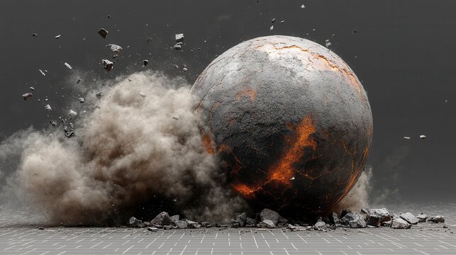 Cracked orb with smoke and debris erupting from it on tiled surface, dark background - Powered by Adobe