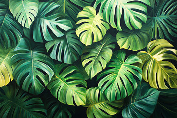 A vibrant composition of Monstera, palm, and banana leaves fills the canvas, rich green tones set against a silk black background, creating a bold and elegant tropical design