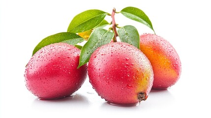 Fototapeta premium Close-up of Fresh Mangoes with Water Droplets on White Background