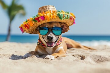 A French Bulldog is sporting sunglasses and a straw hat while at the beach on the sand