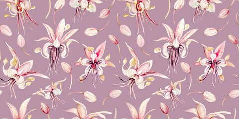 Chocolate tree flowers. Seamless pattern. Watercolor illustration. Hand drawn chocolate tree flowers in pastel colors for packaging, textiles and botanical designs.