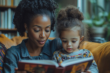 A mom is reading a book to her daughter.