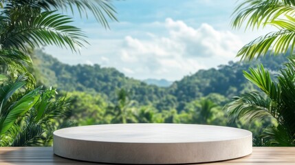 Tropical Product Display Podium Surrounded by Lush Greenery and Sky