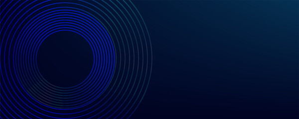 Abstract blue glowing geometric lines on dark blue background. Modern shiny blue circle lines pattern. Futuristic technology concept. Suit for cover, poster, banner, header, website.eps10