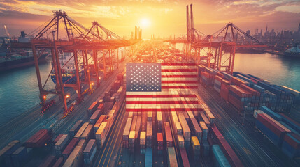 A major U.S. port is illuminated by sunset while shipping containers are arranged with an American flag design, reflecting the burden of tariffs
