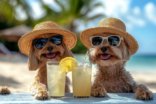 A pair of canines wearing sunglasses and a hat, sipping cocktails while seated on the beach beside the ocean, embodies the concept of vacation and tourist season, as depicted in stock images
