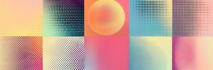 Set of colorful halftone patterns on a gradient background