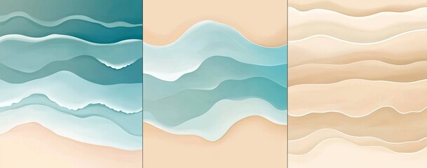 Obraz premium Set of summer beach background vector illustrations, with a flat design featuring simple shapes and minimal details